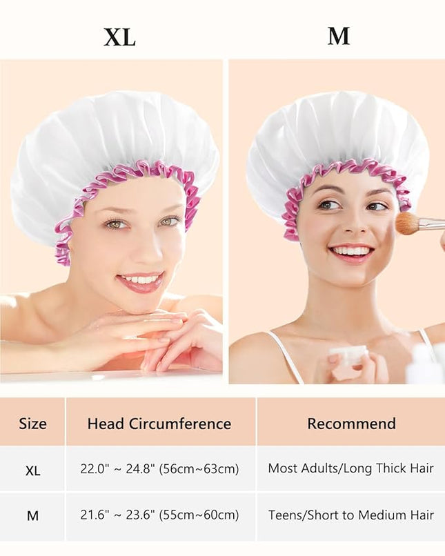 mikimini White Shower Cap Pack of 2 Waterproof Reusable Double Layers Bathing Hair Caps with Soft Comfortable PEVA Lining, Cute, Non-fading & Stretchy Shower Hat Medium White