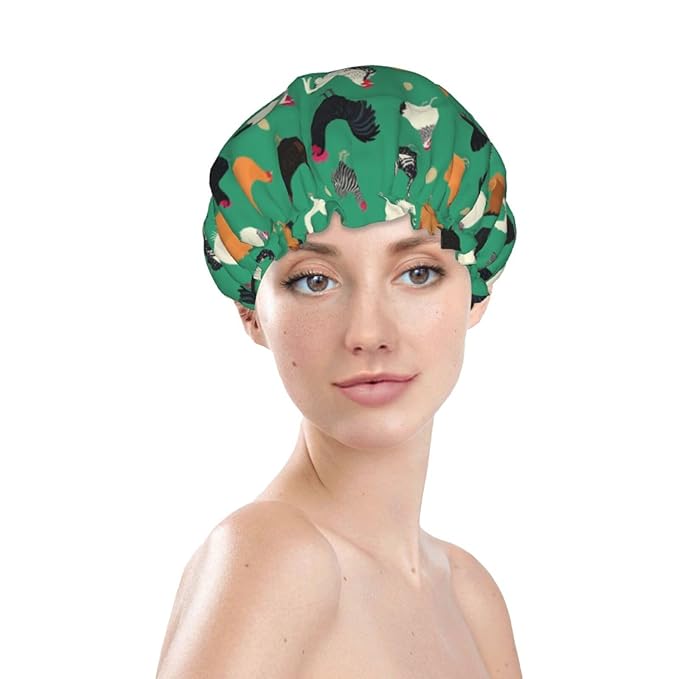 Funny Chickens Shower Cap For Women Reusable Waterproof Double Layers Bath Cap Hair Protection Elastic Ladies Spa Salon Shower Hat