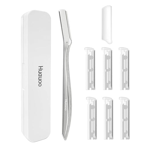 Dermaplane Razor for Women Face, Stainless Steel Handle with 6 Replaceable Blades, Huauoo Face Razors for Women, Peach Fuzz Remover, Eyebrow Trimmer, Dermaplaning Tool for Face Exfoliation (Silver)