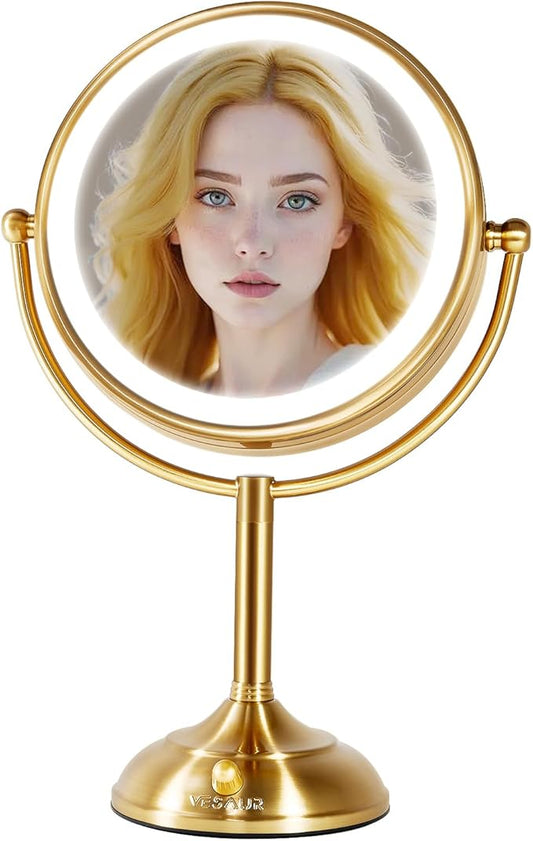 VESAUR 8.5'' Large Gold Lighted Makeup Mirror, 1X/10X Clear Seamless Magnifying Mirror, Bright Vanity Mirror with 3 Colors Dimmable Lights, Two-Sided 360°Rotation Stable Base, Luxury Nickel, Gift Box
