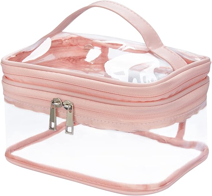 Double Layer Clear Cosmetic Bag Makeup Bag, Waterproof Travel Toiletry Bag, Transparent PVC Hair & Nail Accessories Pouch Beach Bag Organizer (Pink)