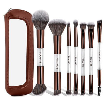 MAANGE 7 PCS Foundation Makeup Brush Set With Bag, Make up Brushes, Eyeshadow Concealer Brush, Double-ended Foundation Contour Powder Blush, Professional Face brush Set Tools For Liquid,Cream (Gray)