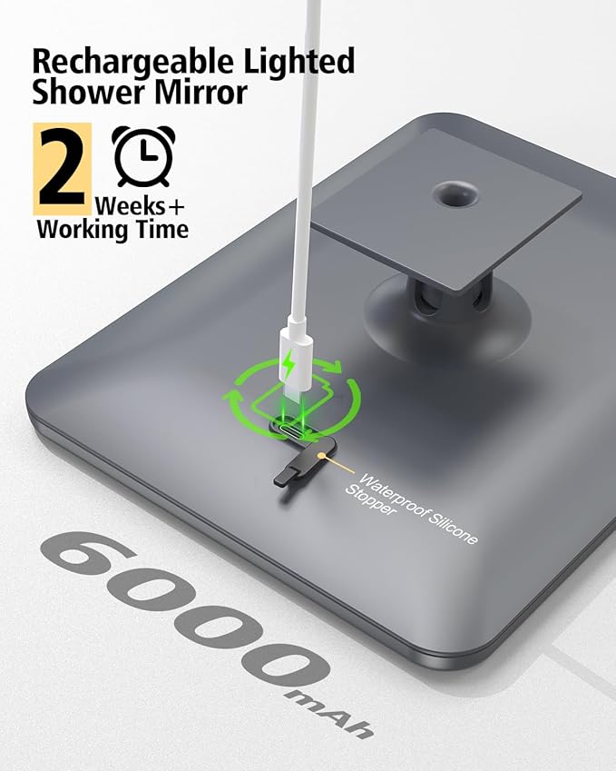 Lighted Shower Mirror Fogless for Shaving, Heated Fogless Shower Mirror with 3 Colors Stepless Dimmable Lights, Rechargeable Adjustable Shaving Mirror with Razor Stand, Brush Holder for Men