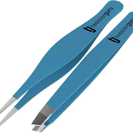 Tweezer Guru Eyebrow Tweezers for Women & Men - Set of 2, Professional, Stainless Steel, Slant and Pointed Tweezers for Ingrown Hair, Splinters and Blackhead Removal (Teal)