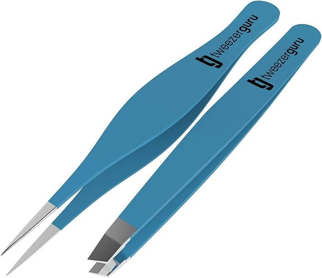 Tweezer Guru Eyebrow Tweezers for Women & Men - Set of 2, Professional, Stainless Steel, Slant and Pointed Tweezers for Ingrown Hair, Splinters and Blackhead Removal (Teal)
