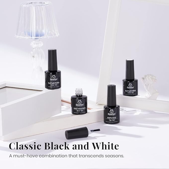 Beetles Gel Nail Polish Set - 4Pcs White Black Gel Polish Set with No Wipe Top&Base Coat Nail Polish Set Soak Off UV LED Lamp Manicure Salon DIY Home Halloween Gifts for Her Women