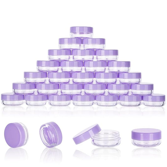 100 Mini Sample Jars with Lids - 3 Gram Capacity, Makeup Travel Containers with Labels, Includes Disposable Spatulas