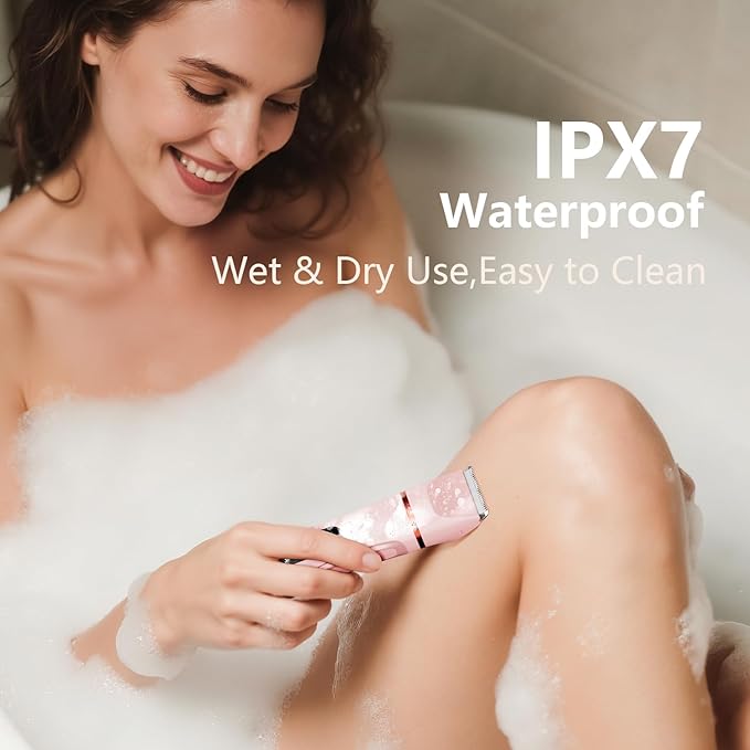 Bikini Trimmer for Women - Painless Waterproof Electric Razor Remover Foil Shaver for Leg, Body, Armpit & Facial Hair, Cordless with Ceramic Blade,USB Charging Dock, Travel Size, Gifts for Her, Pink