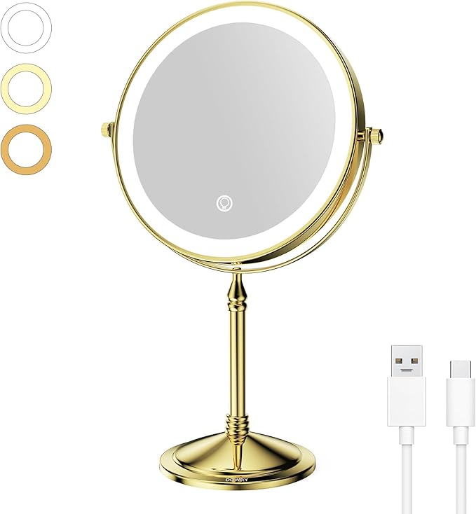 DOWRY Rechargeable Lighted Makeup Mirror 10x Magnification Vanity Mirror Tabletop Two-Sided Swivel Gold Finish