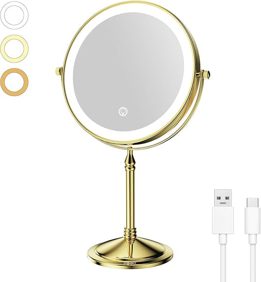 DOWRY Rechargeable Lighted Makeup Mirror 10x Magnification Vanity Mirror Tabletop Two-Sided Swivel Gold Finish