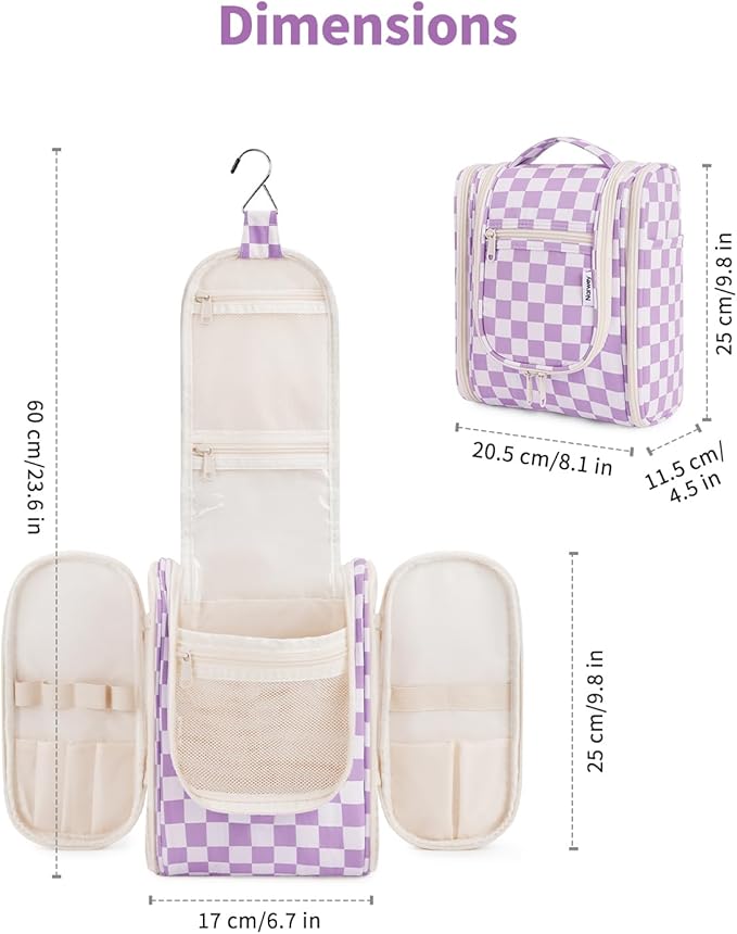 Narwey Small Checkered Hanging Travel Toiletry Bag for Women, Travel Bag for Toiletries, Makeup Bag Organizer Cosmetic Bags Make Up Bags for Women (Purple Checkerboard)