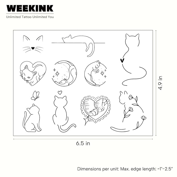 Cat Outline Temporary Tattoos – 16 Minimalist Cute Pet Fake Tattoo for Men & Women, Realistic & Long Lasting for 2 Weeks