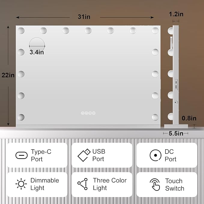 Hasipu Hollywood Vanity Mirror with Lights and Bluetooth Speaker, 32" x 22" Makeup Mirror with 15 Dimmable LED Bulbs 3 Color Modes, 5X Magnifying Glass, Touch Control, USB and Type-C, Tempered Glass