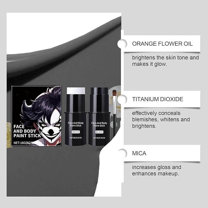 Halloween Face Body Paint For Adults, Black White Face Body Paint Stick Kit For Sfx Makeup Cosplay Joker, Skeleton Makeup