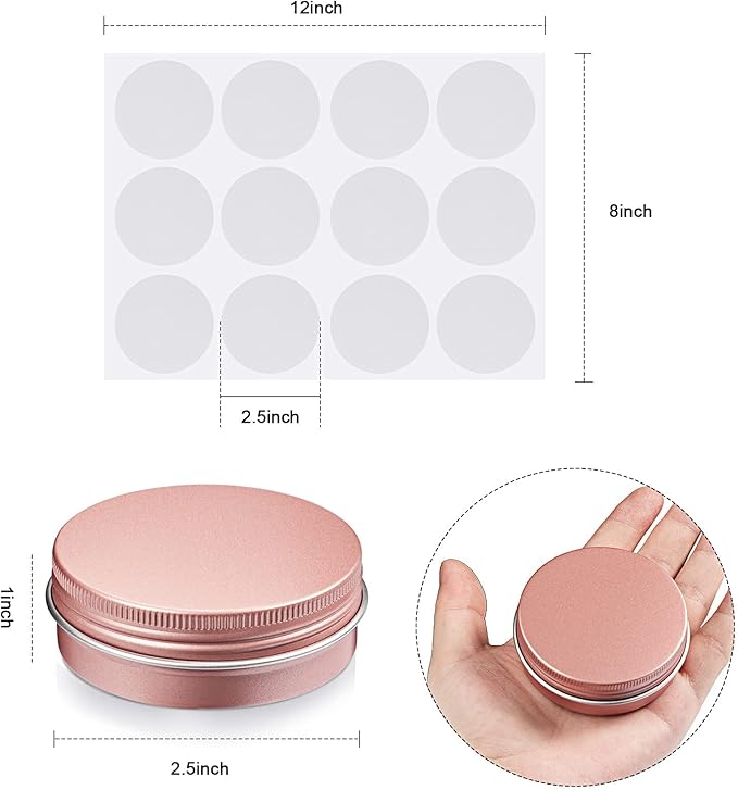 Patelai 2 oz 120 pcs Metal Round Tins Aluminum Tin Cans Salve Tins Containers with Screw Lid 20 Sheets Stickers for Salve Spice Candies Balms Candles (Rose Gold)