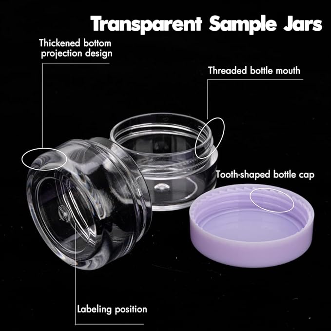 100 Mini Sample Jars with Lids - 3 Gram Capacity, Makeup Travel Containers with Labels, Includes Disposable Spatulas