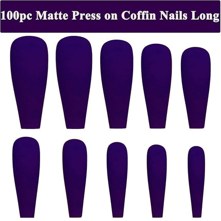 LoveOurHome 100pc Coffin Press on Nails Long Fake Nails Matte Full Cover False Nails Press ons Artificial Nail Medium Ballerina Fake Fingernail Violet Presson on Nail Tips for Women Kids Girls