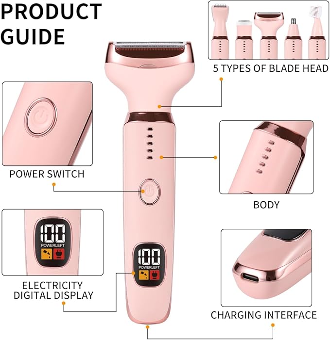 Electric Razors for Women, 5 in 1 Painless Ladies Wet & Dry Body Razors and Facial Hair Remover, Rechargeble Facial and Body Hair Remover for Face Nose Eyebrow Arms Armpit Legs Pubic Area (Pink)