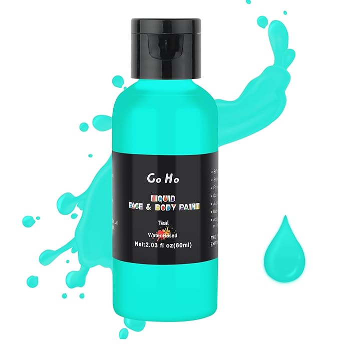 Go Ho Teal Face Body Paint(2.1 oz),Teal Makeup Water Based Face Paint and Body Paint for Airbrush Makeup Special FX, Cosplay, and Halloween Make up