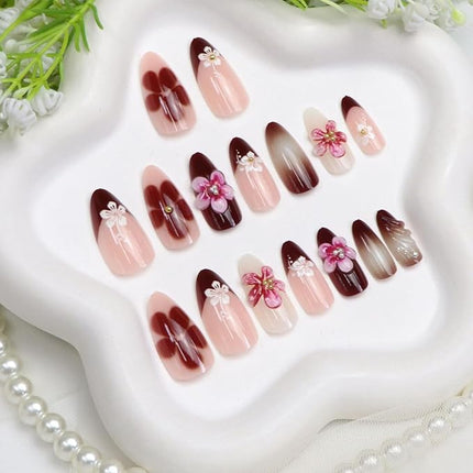 Almond Press on Nails Medium Fake Nails with 3D Flower Gold Pearl Designs French Tip Nails Press ons Pink Acrylic Nail Glossy Glue on Nail Gradient Stick on Nail for Women 24 Pcs