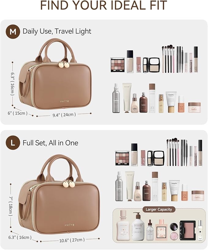 Prite Makeup Bag for Women, Large Capacity Waterproof Travel Cosmetic Organizer, Portable Open Flat Toiletry Bag with Free-standing Brush Holder and Handle(Brown Medium)