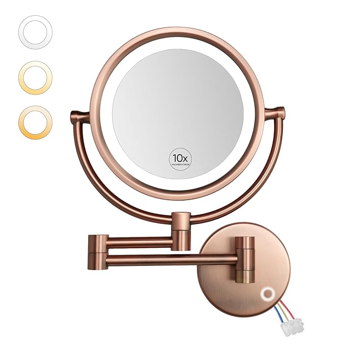 GURUN Wall Mounted Hardwired Makeup Mirror with 3 Tones Dimmable LED Lights 10x Magnifying Mirror with Touch Control for Bathroom Bedroom 13" Extendable Arm M1809DB-9x10MR-T(10x,Matte Rose Gold)
