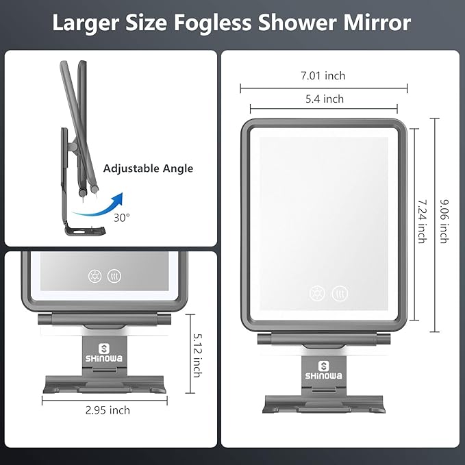 Heated Shower Mirror Fogless for Shaving, 3 Colors Stepless Dimmable Lights Fogless Mirror for Shower, Rechargeable Anti Fog Shaving Mirror with Razor Holder for Men, Light Memory Function, Gray