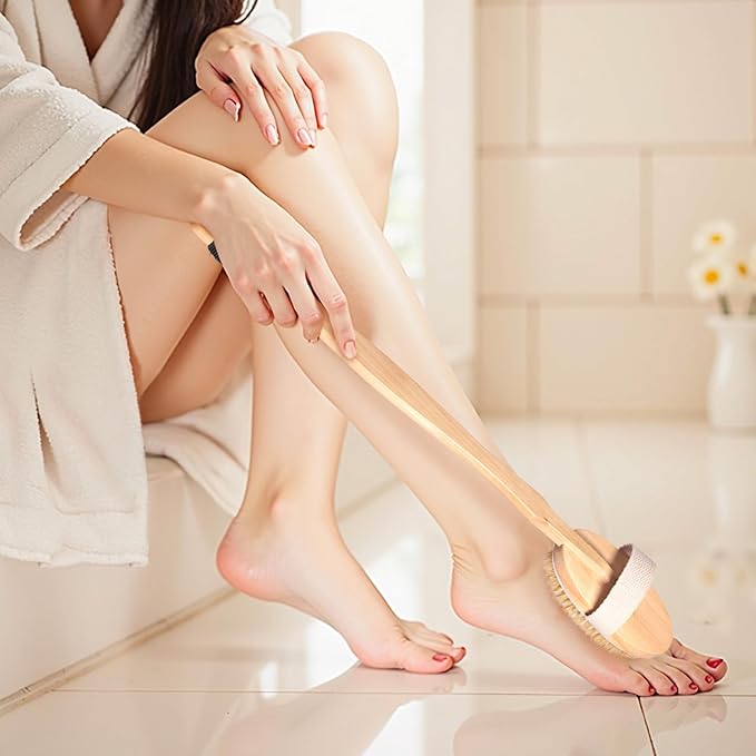 Wood Body Brush Set,20.6’’ Long Handle Bath Body Back Scrubber Soft & Stiff Bristles Detachable 2 Brush Heads Gentle Exfoliator Remove for Wet & Dry Use