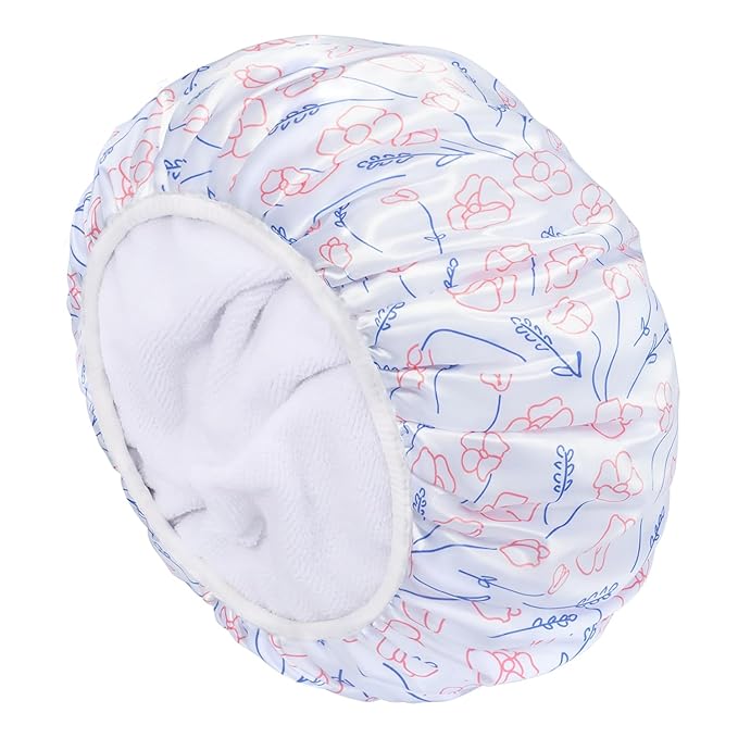 Shower Cap, Triple Layer Large Shower Cap for Women, Terry Cloth Lined Reusable Shower Caps for Long Thick Hair(Line Flower)