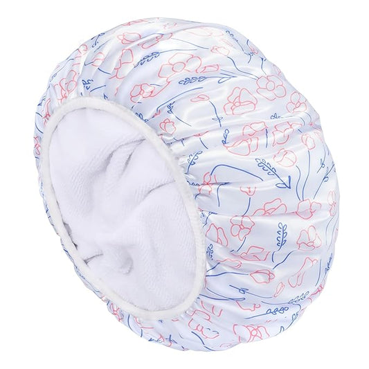 Shower Cap, Triple Layer Large Shower Cap for Women, Terry Cloth Lined Reusable Shower Caps for Long Thick Hair(Line Flower)