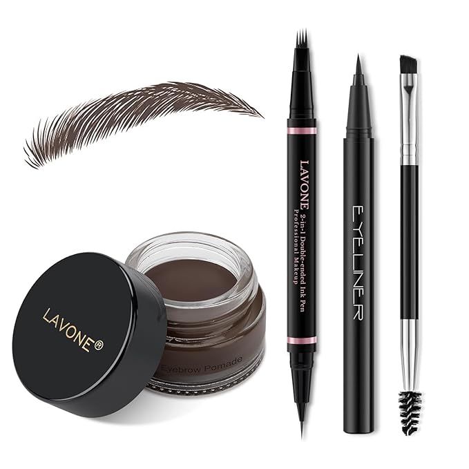 Eyebrow Pencil Makeup Kit, with Waterproof 2-IN-1 Microblading Eyebrow Pen, Eyebrow Pomade, Eyeliner and Dual-ended Eyebrow Brush, Brow Pencil Kit for Natural Eyebrows - Dark Coffee