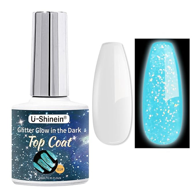 U-Shinein Glow In The Dark Gel Polish - Glitter Luminous Blue Nail Gel Top Coat with Fine glitter decoration No Wipe Long-lasting Transparent Glow UV LED Needed, Perfect for Any Festival Halloween
