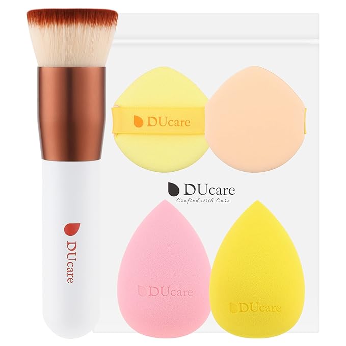 DUcare Foundation Brush with Makeup Sponges Puff Flat Top Kabuki Brush for Liquid Blending Mineral Powder Buffing Stippling