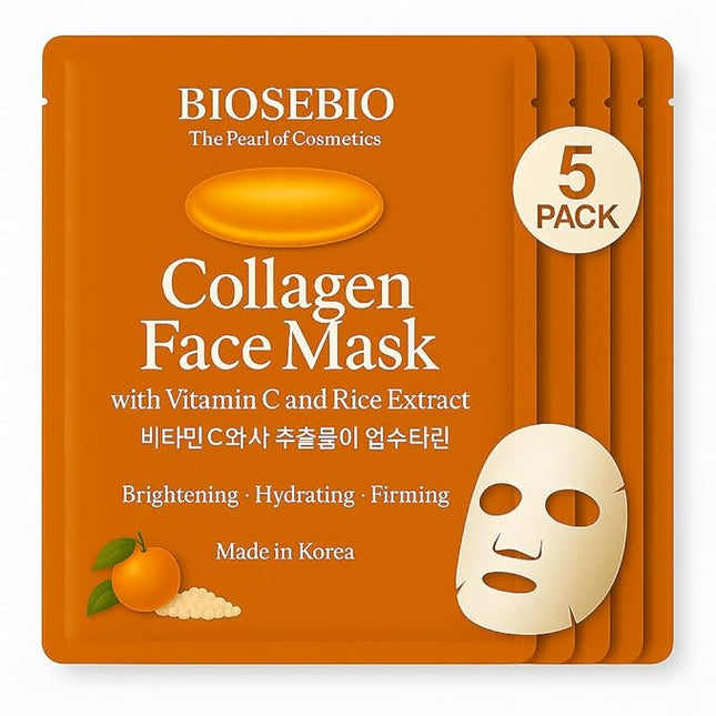 BIOSEBIO Korean Collagen Face Mask – 5 Sheets | Vitamin C & Rice Extract Brightening Sheet Mask for Radiant Glow | Hydrating & Plumping K-Beauty Facial Mask with Hydrolyzed Collagen&Panthenol