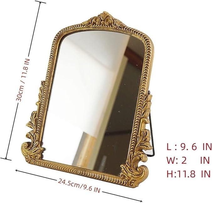 Small Vintage Vanity Makeup Desk Mirror Antique Traditional Chic Arch Table Mirror Gold，Decor Wood Framed Small Standing Carved Arendahl Mirror for Living Room,Bedroom,Tabletop 11.8" x 9.6"