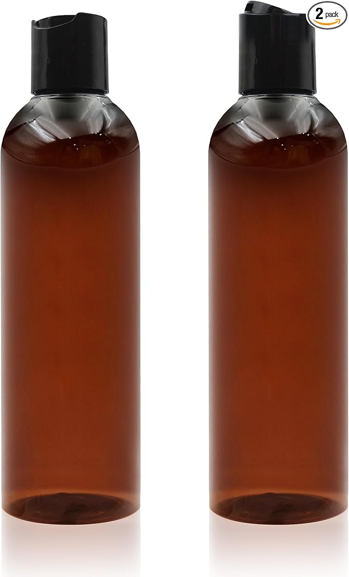 2 Pack 8 oz Amber Plastic Squeeze Bottles with Black Disc Caps Refillable Empty Travel Containers Bottles for Shampoo Conditioner Toiletries Lotions Oils BPA Free