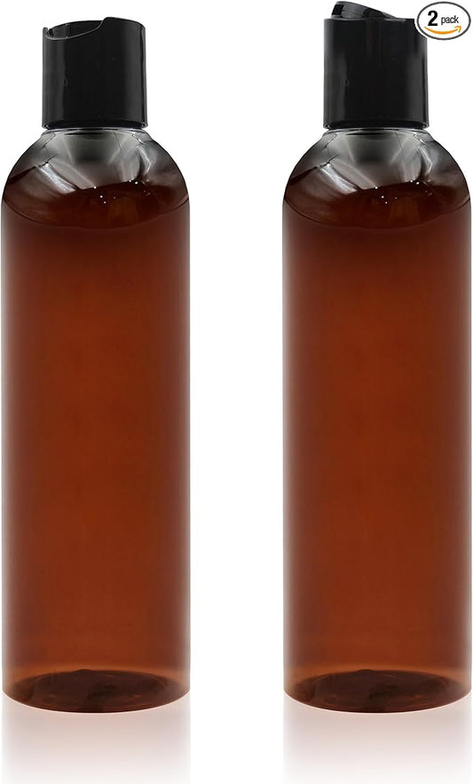 2 Pack 8 oz Amber Plastic Squeeze Bottles with Black Disc Caps Refillable Empty Travel Containers Bottles for Shampoo Conditioner Toiletries Lotions Oils BPA Free