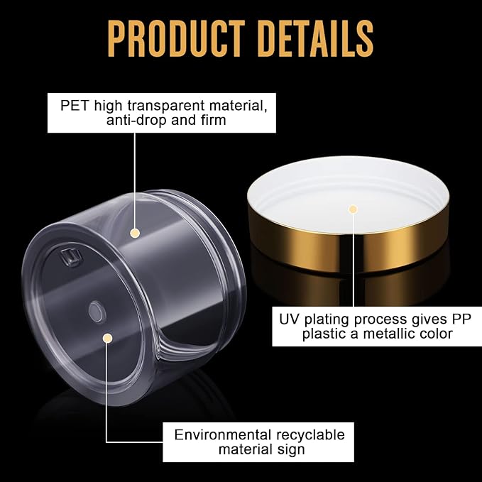 SATINIOR 100 Pcs Plastic Jars with Lids Small Containers Lids Wide Mouth Small Plastic Containers for Lotion Cream Rhinestones Body Butters Travel Storage(1 oz,Gold)