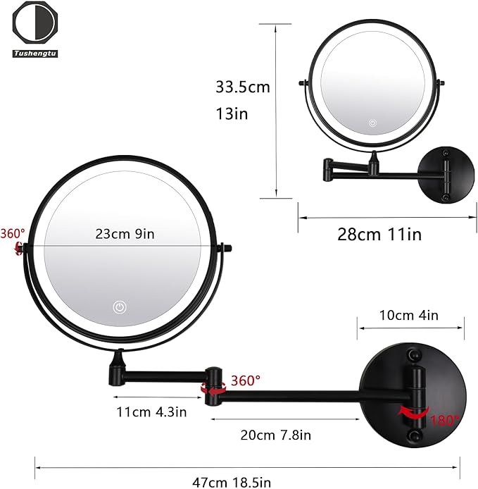 9" Large Black Wall Mount Magnifying Mirror With Light, TUSHENGTU 3000mAh Rechargeable Lighted Makeup Vanity Mirror Wall Mounted Swing Arm,10X/1X Magnifying Vanity Mirror for Bathroom 360°Double Sided
