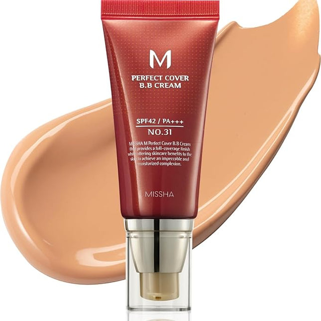 MISSHA M Perfect Cover BB Cream No 31.Golden Beige - Medium/Tan with Neutral Undertone SPF 42 PA +++ 1.69 Fl Oz - Tinted Moisturizer for face with SPF