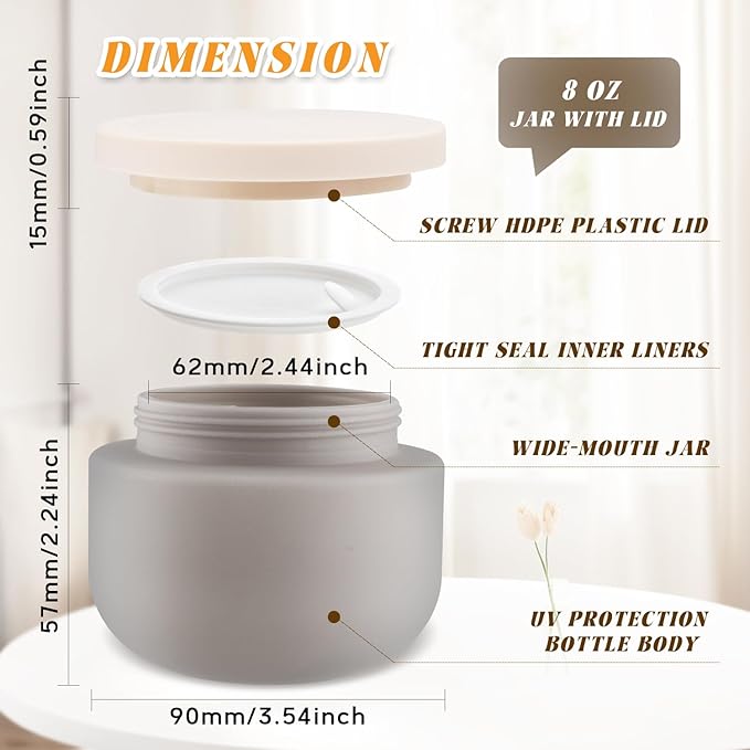 4 Pack 8 OZ Plastic Jars Round Cosmetic Container with Lids,Wide Mouth Soft Slime Jars for Lotion,Hand Cream,Ointments,Makeup,Body Butter,Rhinestone,Samples Pot Travel Make Up Storage (Grey)