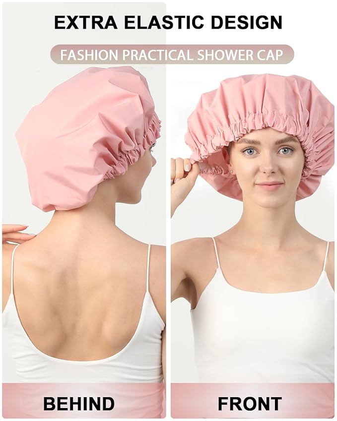 YIZIJIZI Shower Cap,Shower Caps for Women Reusable Waterproof,Two Layer Large Shower Caps Reusable Suitable for All Types of Straight Hair, Curly Hair, Long Hair,Braids (pink)