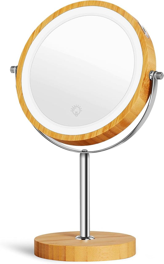 8" Lighted Makeup Mirror with Bamboo Stand, 1X/10X Double Sided Magnifying Vanity Mirror with Lights, 3 Colors Dimmable Lightning, Gifts for Women Mom Teen Girls