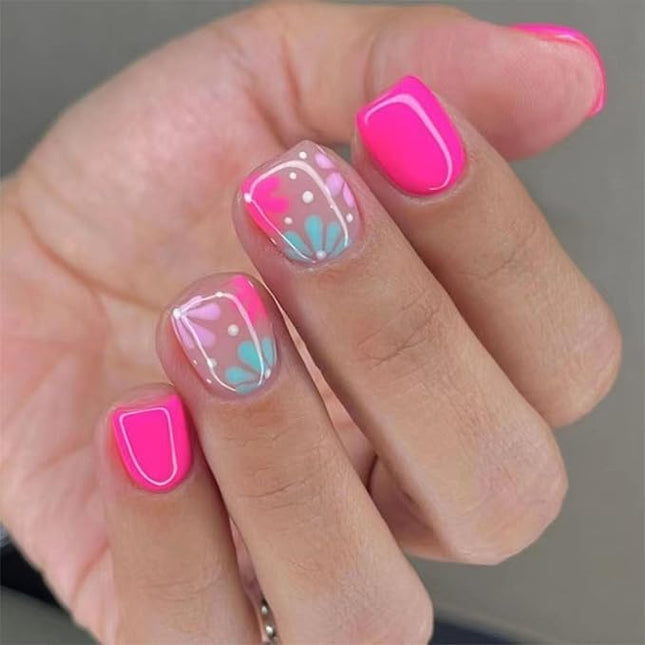 Short Press on Square Flower Fake Nails - Colorful Glue on Pink Flowers Acrylic Full Cover False Nails - Spring Petite Stick on Nails for Women Girls - 24 Pcs