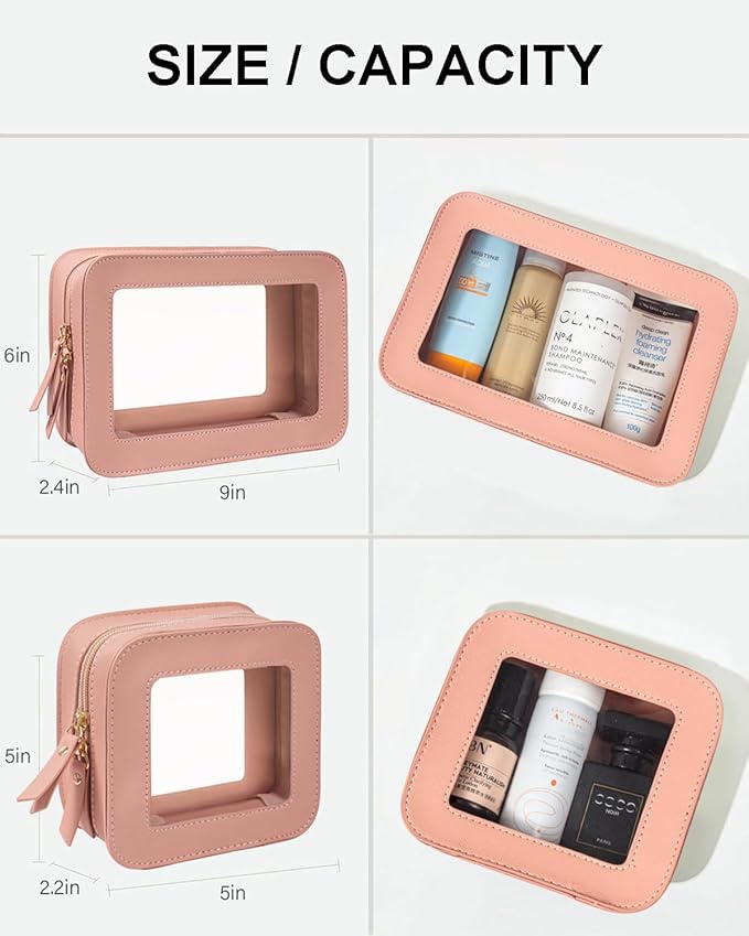 2 Pcs Travel Clear Makeup Bag Set, Clear White Makeup Organizer with Zipper Leather Travel Bags for Toiletries Small Cosmetic Bags for Women Mini Make up Pouch Toiletry Bags Car Essentials