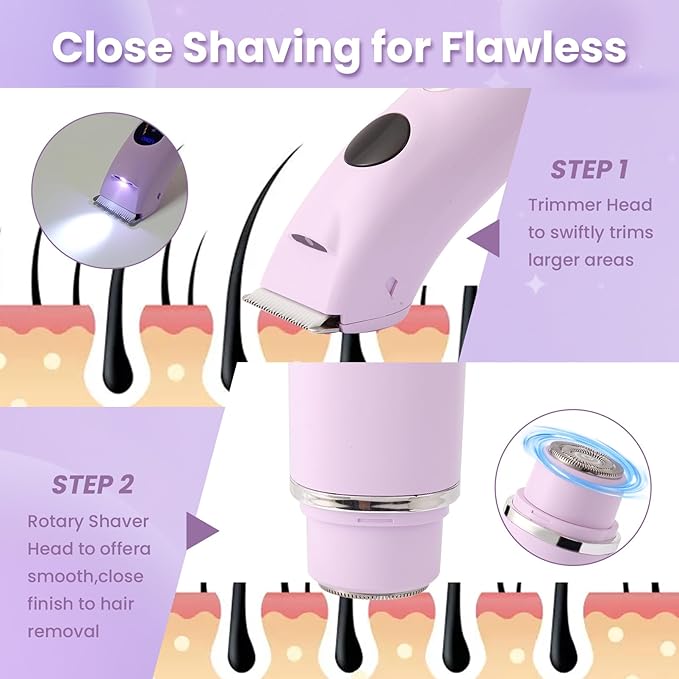 Bikini Trimmer for Women, Upgraded 2-in-1 Electric Razors for Women with 2 Replaced Blades and LED Light, Wet & Dry Use Electric Shaver Support 90 Mins Runtime for Face & Body & Intimate Areas