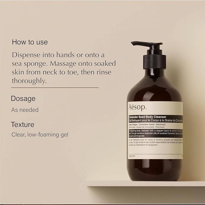 Aesop Coriander Seed Body Cleanser | Refreshing & Invigorating | Spicy, Woody, Warm | 16.9 oz / 500mL + Eleos Nourishing Body Cleanser Sample