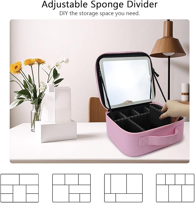 Travel Makeup Bag with LED Mirror Travel Makeup Organizer with 3 Lighted Settings, Adjustable Dividers and Makeup Brush Storage Bag Light Pink