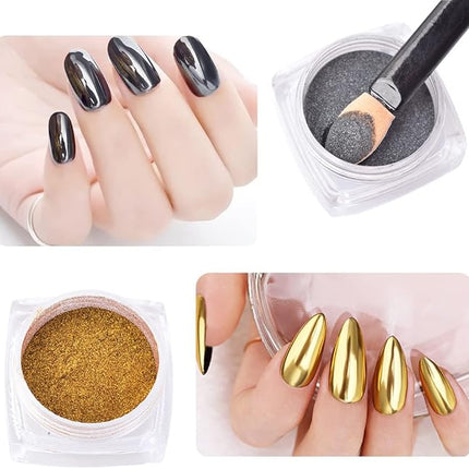 Black Mirror Powder Metallic Chrome Powder,2 Jars Gold Black Nail Art Mirror Glitter Effect Chrome Pigment Dust Manicure Tips with Sponge Applicators