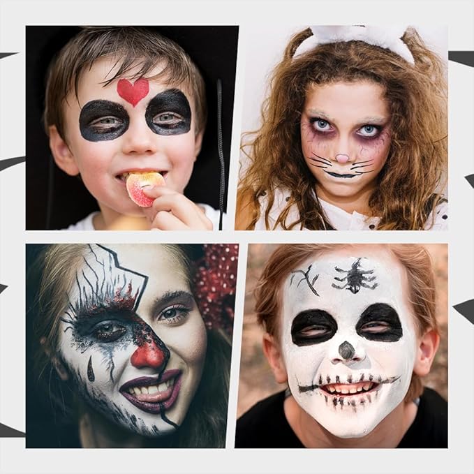 Goth White Foundation Black Red Face Body Paint, 2025 Halloween Decorations Makeup for Body Face, 50ML Halloween Decor Painting Makeup Kit with Brushes for Skeleton Ghost (White + Black+Red)